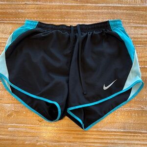 Nike Black and Blue Athletic Shorts with Curved Hem